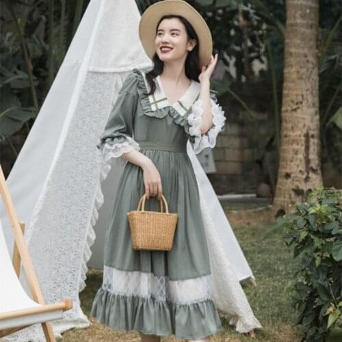 Cottage Style Green Prairie Dress Vintage Mori Girl Peter Pan Collar Petal Sleeve Lace Loose Casual Dresses Retro Lady Vestido