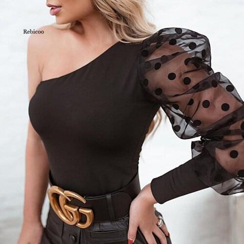 Women T-Shirt Fashion Oblique Collar Polka Dot Puff Sleeve Summer New Personality Slim Slimming Women Top