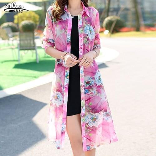 Summer Long Sleeve Floral Loose Cardigan Chiffon Blouse Women Long Shirt Beach Sun Protection Clothes Print Tops Women 9127 50