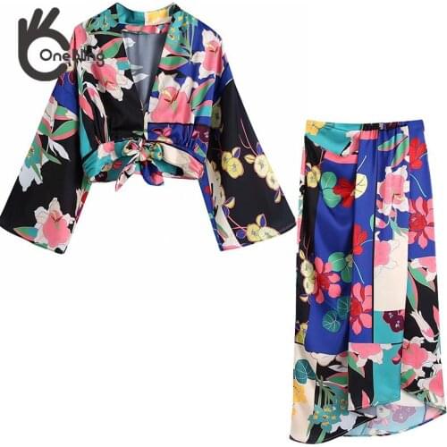 OneBling Za Woman 2021 Traf Suit Female Summer Floral Print Casual Beach 2 Piece Sets Kimono Crop Tops + Long Maxi Skirts