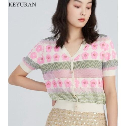 2021 Summer New Knitted Short Sleeve Cardigan Pink Floral Striped V-neck Single-breasted Thin Knitwear Crop Top