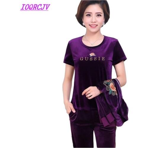 2018 Spring Womens Gold velvet three Pieces set fashion embroidery trousers Set Plus size 5XL autumn Sportswear set IOQRCJV H244