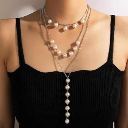 HuaTang Multi-layer Pearl Pendant Necklace for Women Girls Charming Long Tassel Clavicle Chain Weddings Jewelry Collar 17988