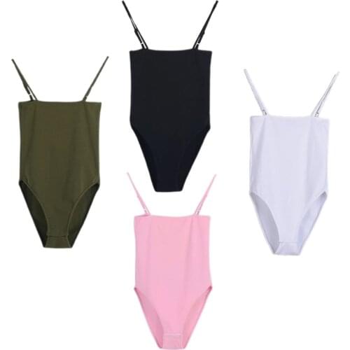 Women Sexy Spaghetti Strap Camisole Bodysuit Off Shoulder Sleeveless Basic Leotard Simple Solid Color Bodycon Jumpsuit