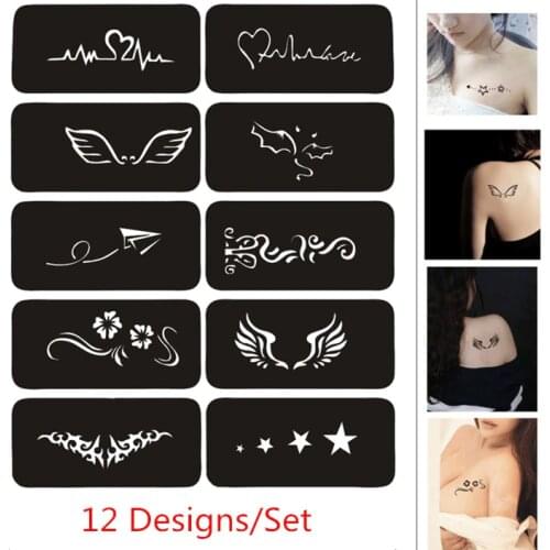 12 Designs/set Airbrush Glitter Tattoo Stencil Star Wings Flower Fashion Design Henna Tattoo Stencil Pochoirs Pour Peinture
