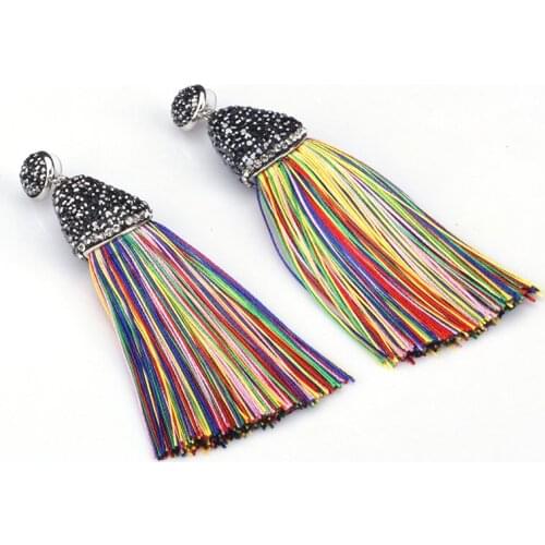 Bohemia Boho Rainbow Color Silk Chunky Thick Tassel With Black Rhinestone Cap Connector Studs Dangle Tassel Earrings For Women