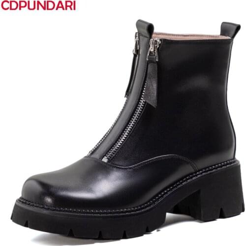 Ladies Black White Genuine Leather High Heels Platform Ankle Boots Women Autumn Winter Punk Short Boots Shoes Botines Mujer