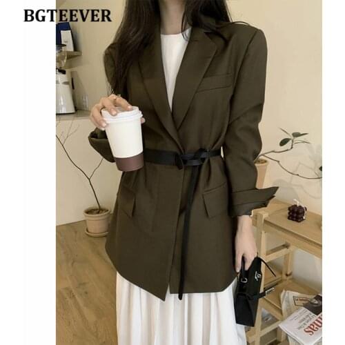 BGTEEVER Elegant Chic Loose Full Sleeve Women Blazer Tops 2021 Autumn Notched Collar Ladies Single Button Solid Suit Jackets