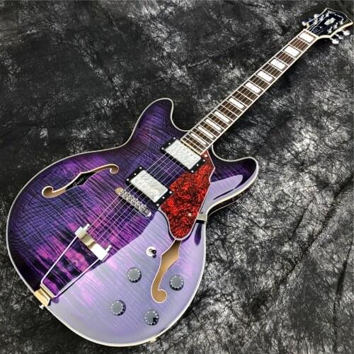Grote Deep Purple Flame Top Electric Guitar,Double F holes Semi Hollow Maple Wood Jazz Guitarra,Real Photos