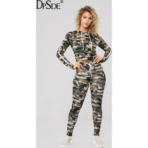 DPSDE Camouflage Sports Suit Casual Two Pieces Set Full Sleeves Women Warm Top Autumn New 2020 Lace-Up Fitness Lady Tracksuit