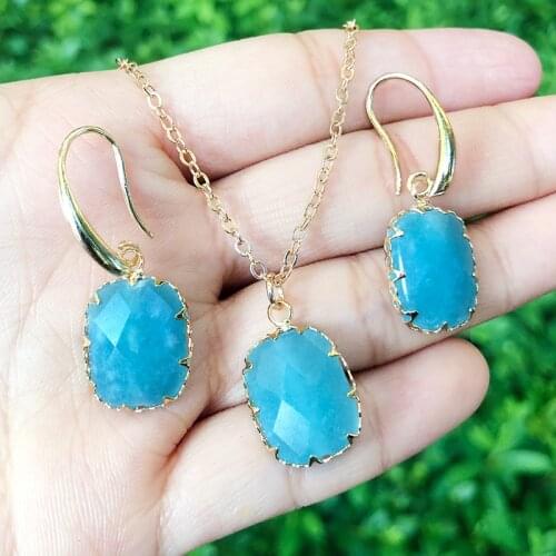 SAY HELLO Rectangle Rose Cut Stone Blue Green Dangle Earrings Chain Necklace Pendant Sets for Women Handmade Jewelry Set