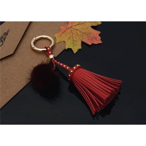 Leather Tassels With Mink Fur Ball Key Chain With One Tassels For Car Keychain Bag Key Ring Jewelry EH812
