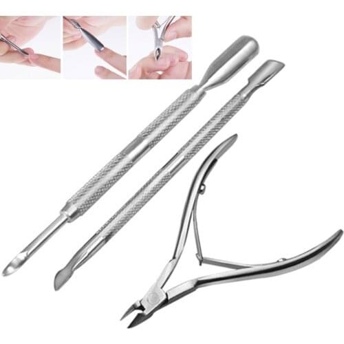 Set of 3PCS Stainless Steel Cuticle Nippers Cuticle Pusher Remover Scissor Nail Cutter Trimmer Manicure Tool Kit