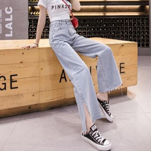 2020 New Spring Women Fashion Style Zipper Fly High Waist Side Slit Denim Pants Lady Softener Washed Straight Jeans Trousers N32