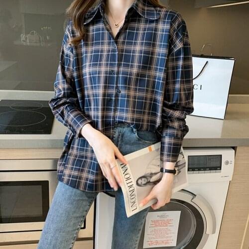 Chikichi 2021 Casual Spring and Autumn New Ladies LapelChiffon Bottoming Plaid Shirt