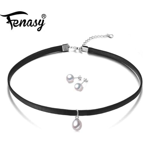 FENASY 925 Sterling Silver Choker Necklace Natural Freshwater Pearl Pendant Necklace For Women Fashion Style Black Rope Chain