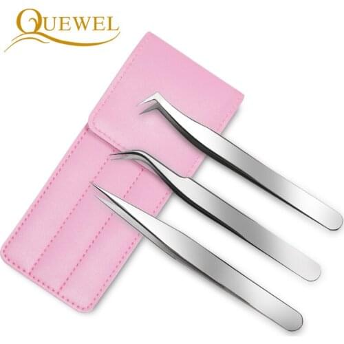 Quewel 3 Pcs Fan Lashes Tweezers Stainless Steel Eyelashes Extension Brow Tweezer Straight Curved Eyelash Clip Makeup Tools