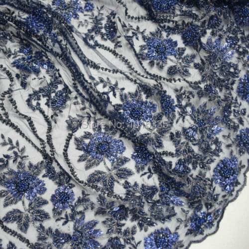 Top-end Luxurious Nave Blue Handwork Beaded French Tulle Embroidered sequins lace fabric for bridal dress