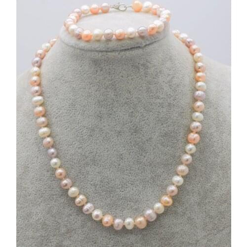 Wow! one set freshwater pearl near round white pink purple 7-8mm necklace bracelet 17" 7.5" nature FPPJ wholesale beads