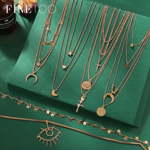 Vintage Multi Layered Pendant Necklace Women Fashion Gold Color Crescent Moon Star Choker Necklaces Jewelry New