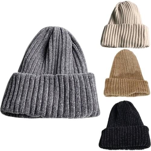 Women Winter Double Layer Thicken Chenille Velvet Beanie Hat Ribbed Knitted Simple Solid Cuffed Skull Cap Outdoor Ear Warmer
