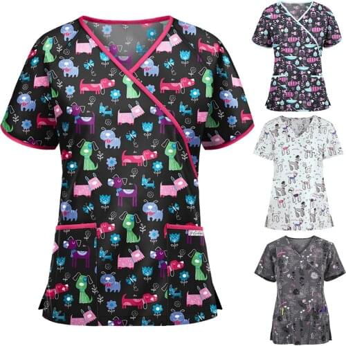 Uniform Enfermera Women Short Sleeve Irregular V-neck Tops Working Uniform Nurse Cartoon Print Blouse медицинский костюм жен q5