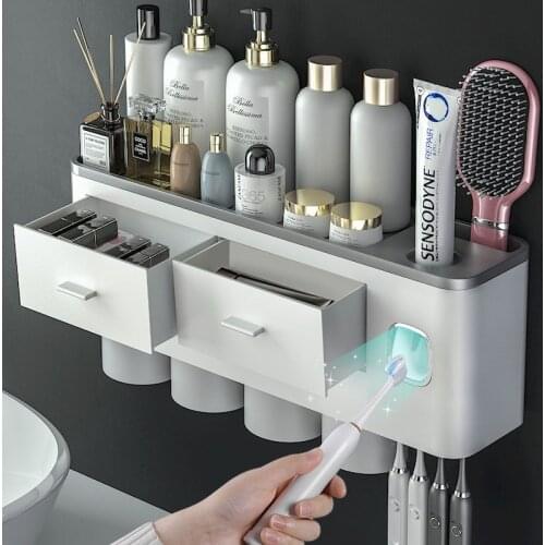 Toothbrush Rack No Hole Installation Mouthwash Cup Set Automatic Toothpaste Squeezing Device Bathroom Wall Mounted Storage Shelf