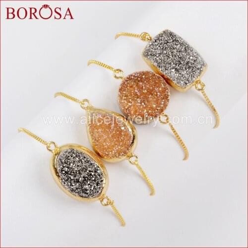BOROSA 5/10PCS Gold Color Double Sided Titanium Champagne Druzy Adjustable Bracelet Drusy Bangles Jewelry for Women G1527