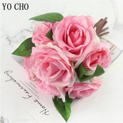 YO CHO Big Rose Bouquet Artificial Flowers European Retro Silk Pink White Roses For Home Party Wedding Decor Fake Flowers