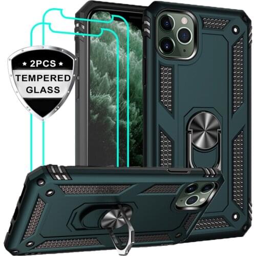 For iPhone X XS XR 11 Pro Max Case with Tempered Glass Screen Protector [2Pack] Military Grade with Rotating Holder Kickstand