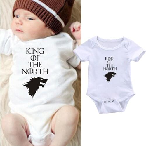DERMSPE Infant Baby Boys Girls Short Sleeve Cute Printed Letters King Of The North Romper Jumpsuit Clothes Outfits White