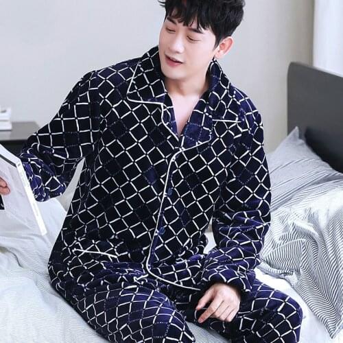 H5917 Men Pajamas Set Male Casual Thickened Flannel Home Wear Autumn Winter Coral Loose Long Sleeve Warm Thermal Sleepwear Suit