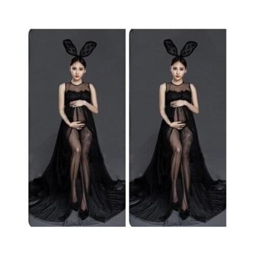 Maternity Lace Dress Pregnant Women Pregnancy Gown Maxi Rompers 2-Piece Set Photo Shoot Photography Props Clothing with handband