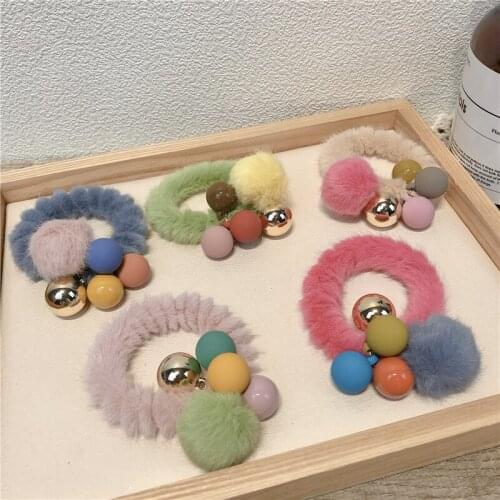 Cute Plush Ball Bell Hair Rope Women Sweet Hair Ring Girls Color Wool Ponytail Rubber Band Hair Accessories