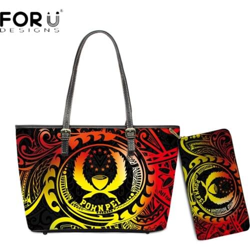 FORUDESIGNS Fashion Women Large Totes Bag With Purse Pohnpei Polynesian Golden Tribal Pattern Printed Lady Casual Beach Handbags