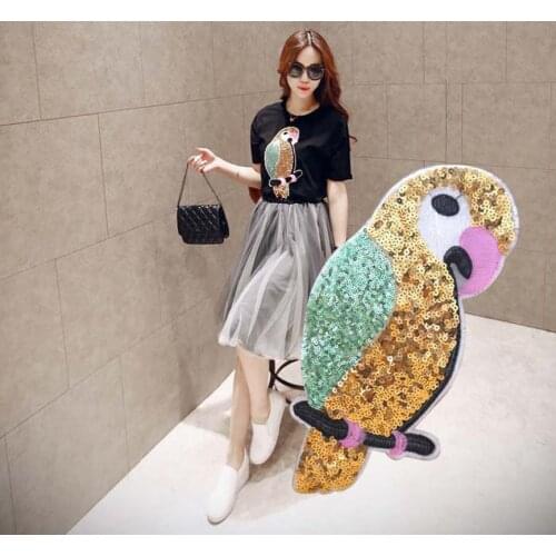 Heat! Cute Mickey Iron in a patchwork dress embroidery patch DIY sequined parrot decoration T-shirt dress Sew iron sewing