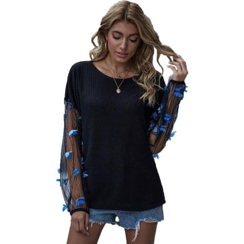 Autumn Femmal Plaid Top Long Sleeve Sweater Patching Work O Neck Women Loose Pullover 3D Butterfly Decorate Casual Net Pullover