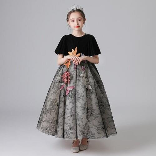 Flower Girl Dresses Illusion Embroidery Sequined O-Neck Short Princess Floor-Length Tulle Lace Luxury Black Kids Party Gown H642
