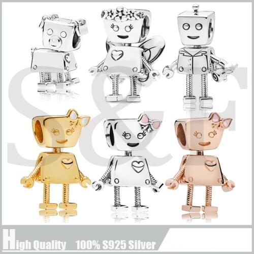 100% Real 925 Sterling Silver Robot Charm With Pink Enamel Dangle Fits European Bracelets Bangles DIY Bead Fine Jewelry