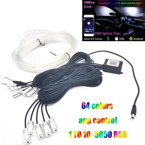 Universal 10 in 1 RGB LED with 10M Car Interior Decor Fiber Optical Strip Light by App Control 12V Decorative Atmosphere Lamps
