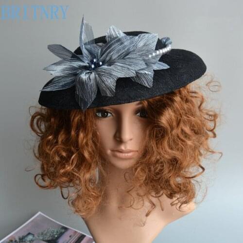 BRITNRY Vintage Black Wedding Hat Handmade Lace with Flowers Pearls Bridal Hat Elegant Hat Wedding Accessories