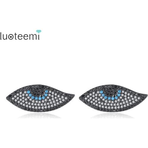 LUOTEEMI European And American Gun Black Color Blue CZ Crystal Turkish Eye Stud Earrings For Women Fashionable Exquisite Earring