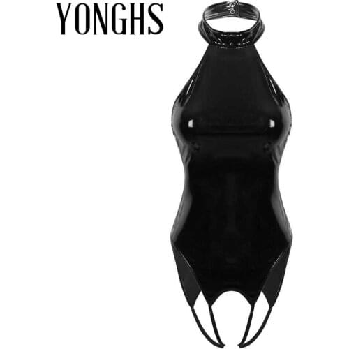 Womens Lingerie Latex Sex Bodysuit Wet Look Leather Halter Neck Backless Open Crotch High Cut Thong Leotard Bodysuit Nightwear