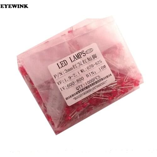 1000Pcs/bag 5 Colors F3 3MM Round LED Ultra Bright Water Clear Green/Yellow/Blue/White/Red Light Emitting Diode