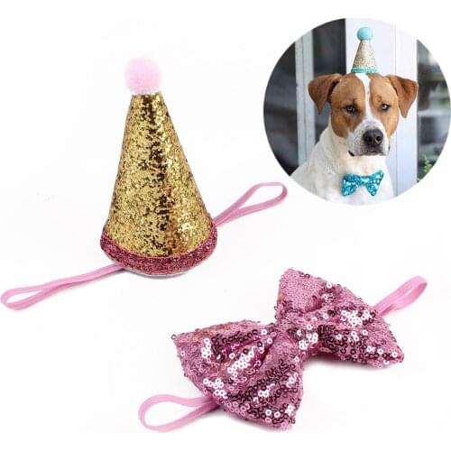 2Pcs/Set Pet Dogs Caps With Bowknot Cat Dog Birthday Costume Sequin Design Headwear Cap Hat Christmas Party Pets Accessories