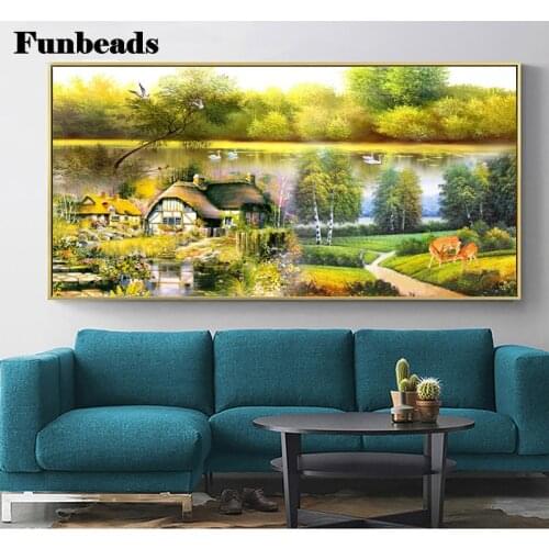 3d embroidery village house tree lake view 5D DIY full diamond painting square round drill rhinestone pictures wall decor FF088