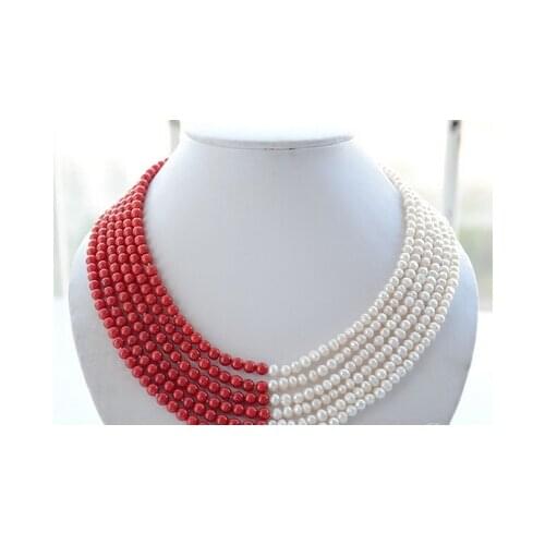 6row 6mm white round freshwater pearl red coral bead necklace Genuine 18-22inch for Wedding women Jewelry Free shipping