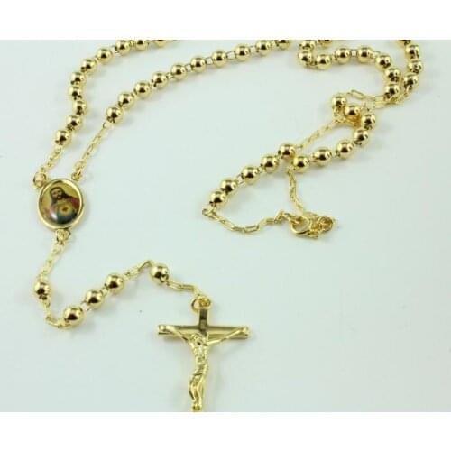 14 k Yellow Solid Gold Filled GF Rosary Pray Bead Jesus Cross Necklace / chain in a gift box