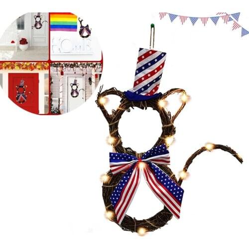 July Fourth decorations lights cat vine ring ornaments 56*22cm American flag Patriotic door decor Independence Day Gift