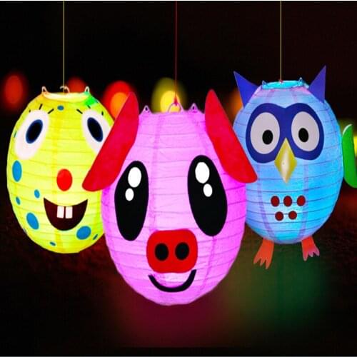 DIY Lantern Cartoon Animal Handmade LED Lantern Material Kit Handlamp Self-adhesive Luminous Paper Lantern Fancy Toy Educational